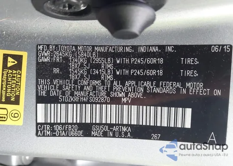 2015 Toyota Highlander Le V6 z USA, uszkodzony, nr VIN 5TDZKRFH4FS092870